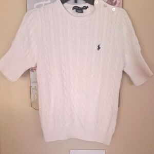 Ralph Lauren Cotton  Cable Knit Crewneck Short Sleeve 3button  Sweater SzL EUC